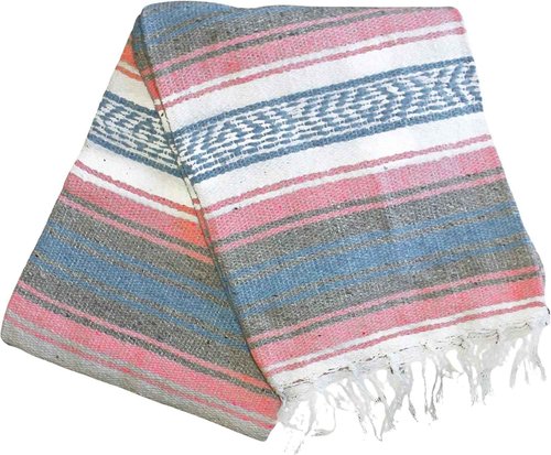 Authentic Del Mex Large Mexican Blanket - Woven Falsa Throw (70"x50") for Beach, Yoga & Outdoor Decor - Pink/Tan