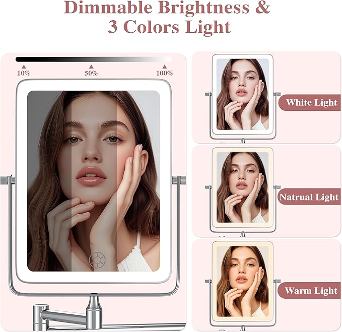 Wall Mounted Lighted Makeup Mirror, Rectangle Double Sided 1X/7X Magnifying