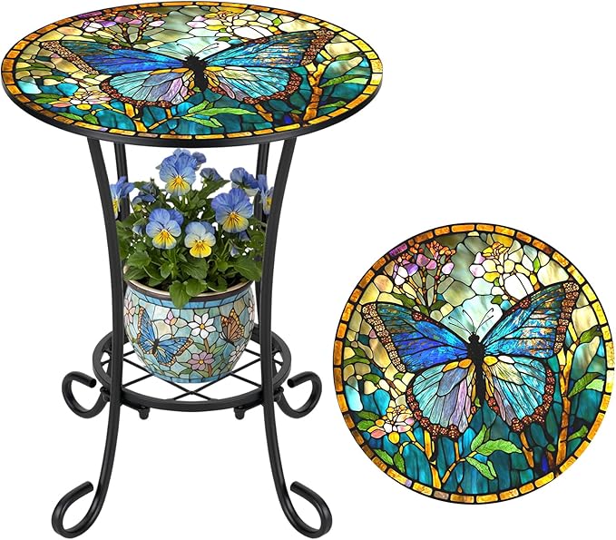 Cinnvoice Outdoor Side Table 2-Tier Round Small Mosaic Patio Accent Indoor End Plant Coffee Tea Table for Yard Patio Porch Garden Living Room, Bedroom(Butterfly Style,14 Inch)