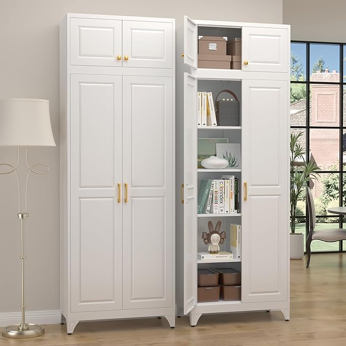 Steeloong90“ Kitchen Pantry Cabinet,Metal Storage Cabinets with Doors and 4 Adjustable Shelves,White Kitchen Cabinet with 2 Gold Handles,Tall Cabinet for Livingroom,Pantry, Bathroom