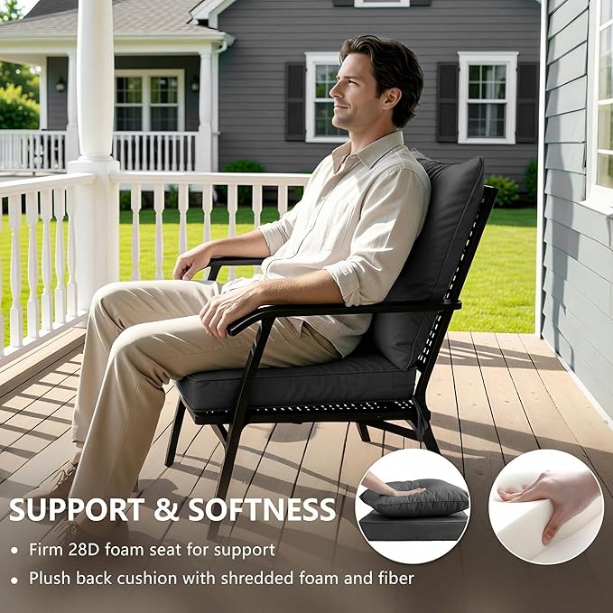 22x22 Inch Patio Chair Cushion with Removable Cover, Outdoor Furniture Cushion - Water-Repellent, Fade-Resistant, Non-Slip Bottom & Straps, Replacement for Lawn, Porch & Deck Chair - Dark Grey