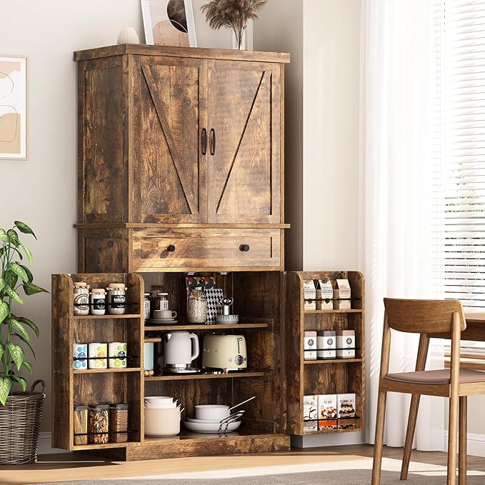 72" Tall Kitchen Pantry Cabinet, Rusty-Brown Pantry Storage Cabinet with Adjustable Shelves, Barn Doors and Drawer Farmhouse Cupboard for Kitchen, Dining Room, Bathroom (16" D x 30" W x 72" H)