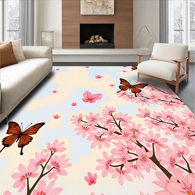 Flatwoven High Traffic Area Rug 8x8, Exquisite Springtime Blossom Shower Curtain Matching Suite, Non Slip, Stain Resistant, Washable Area Rugs for Living Room, Bedroom (Pink, 8x8)