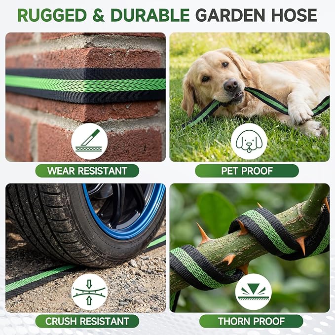 Garden Hose 100 ft Flexible Water Hoses Non-Expanding Lightweight Portable No Kink High Pressure Flat Fabric 3/4” fittings Leak-proof Durable Pipe for Outdoor Outside Yard Lawn Patio Watering Car Wash