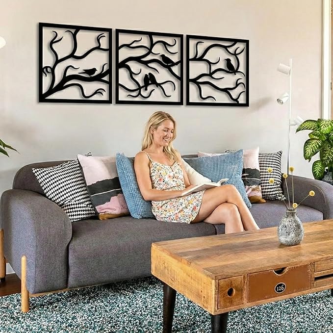 DEKADRON Metal Wall Art, Birds on Branch 3 Pieces Decor, Metal Tree Wall Art, Tree Sign, Metal Wall Décor, Interior and Outdoor Decoration, 3 Panels Wall Hangings (91" W x 30" H / 232x75cm)