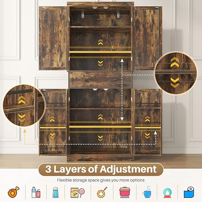72" Tall Kitchen Pantry Cabinet, Rusty-Brown Pantry Storage Cabinet with Adjustable Shelves, Barn Doors and Drawer Farmhouse Cupboard for Kitchen, Dining Room, Bathroom (16" D x 30" W x 72" H)