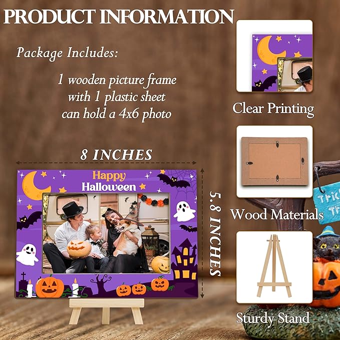 Halloween Picture Frame, 4×6 Pumpkin Wooden Photo Frame for Home Decor Tabletop Display, Cute Ghost Gifts for Family Friends - A02