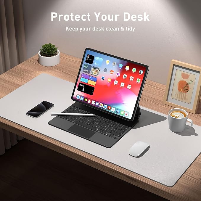 Aothia Large PU Leather Desk Pad Protector – Non-Slip Mouse Pad & Writing Mat for Office/Home, Waterproof, Easy to Clean (23.6" x 13.7", Pale Lavender White)
