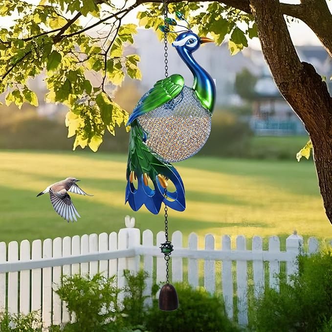 Yinns Bird Feeders - Squirrel Proof Wild Bird Feeder for Outside, Peacock Shaped Birdfeeders, Metal Hanging Bird Feeder for Garden Patio Yard Decor