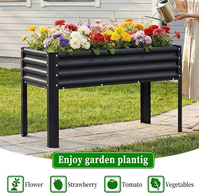 2Pcs Galvanized Raised Garden Bed with Legs, 48×24×32in Large Metal Elevated Raised Planter Box with Drainage Holes for Backyard, Patio, Balcony, 400lb Capacity,Black
