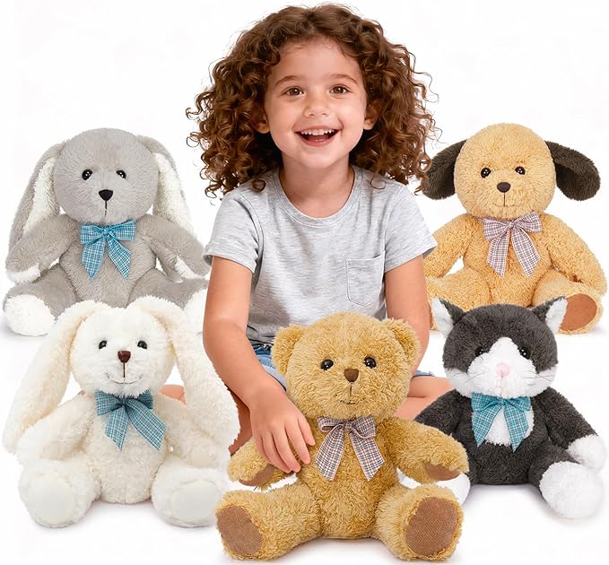 MaoGoLan 5 Pack Soft Stuffed Animals Bulk 13'' Cute Plush Toys Party Favors Bundle for Kids Teens Girls - Teddy Bear, Floppy Bunnies, Dog, Cat - Baby Shower Decor Christmas Easter Gift