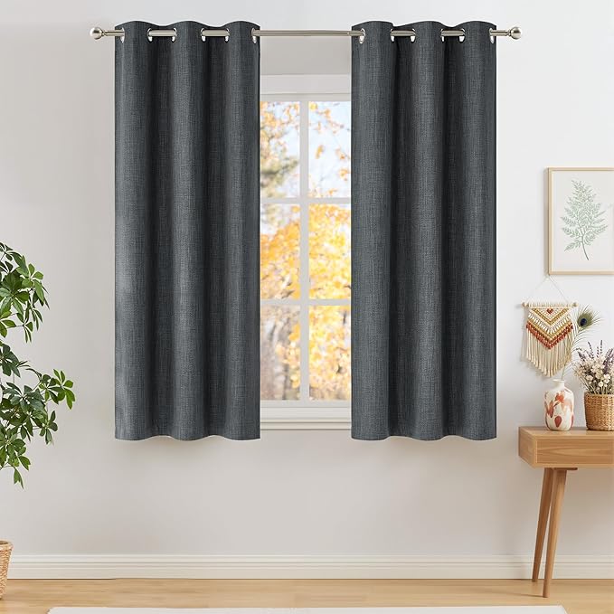 NICETOWN Short Faux Linen Charcoal Gray Blackout Curtains 63 inches Long