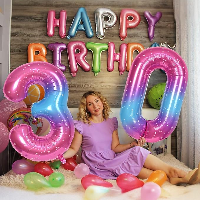 Gradient Blue Pink Number Balloons, 40" Large Rainbow Number 6 Foil Mylar Helium Balloons for Girls Women, Colorful Starry Self Inflating Number Balloons 0-9 for Birthday Party Celebration Decoration
