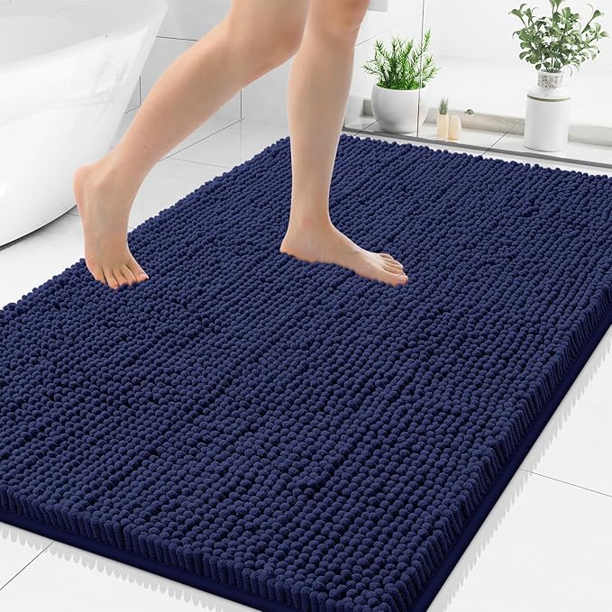 Smiry Luxury Chenille Bathroom Rugs 50x30, Extra Soft and Absorbent Shaggy Bath Mat, Machine Washable, Non-Slip Plush Carpet Runner for Tub, Shower, and Floor, Home Decor Accessories, Navy Blue