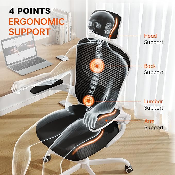 Synorla Office Chair Ergonomic Desk Chair, 330LBS Capacity, High Back Computer Design for Long Hours Comfort, Rolling Swivel Executive Task for Home Office with Flip-up Armrests (White Black)