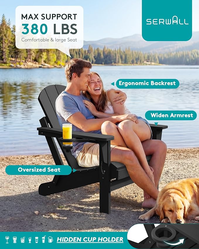 SERWALL Folding Adirondack Chair Set of 2, All Weather Adirondack Chairs with Cup Holder for Patio Garden Outdoors Fire Pit - Black