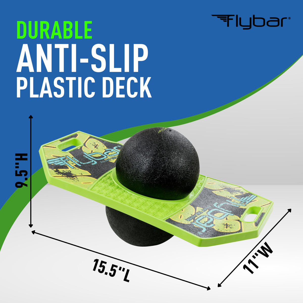 Flybar Pogo Trick Ball for Kids, Trick Bounce Board for Boys and Girls Ages 6+, Up to 160 lbs, Includes Pump, Easy to Carry Handle, Durable Plastic Deck Indoor, Outdoor Toy Pogo Jumper (Green Mean)