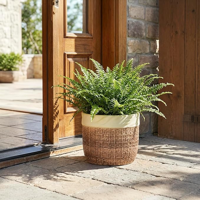 Ceramic Planter - 9.8 Inch Plant Pot for Indoor Outdoor Plants, Boho Ceramic Plant Pots with Drainage Hole and Plug, Round Indoor Planter, Garden Decor, Gardening Gifts for Women, Brown