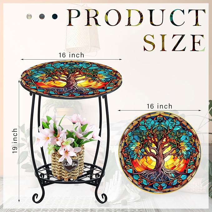 Cinnvoice Outdoor Side Table Round Small Mosaic Patio Accent Indoor End Plant Coffee Tea Table for Yard Patio Porch Garden Living Room, Bedroom(Tree of Life Style,16 Inch)