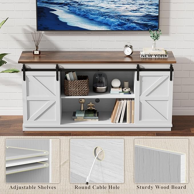 YESHOMY Farmhouse TV Stand for Televisions up to 65 Inches, Sliding Barn Doors and Storage Cabinets, Console Table and Media Furniture for Living Room, 58 Inch, White