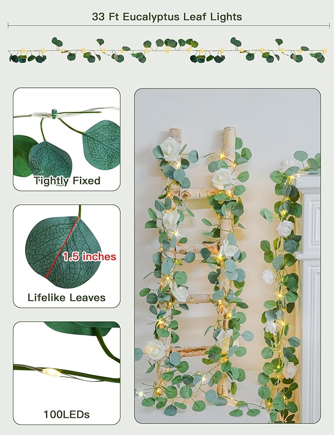 suddus Vines with Lights Battery Operated, 33ft 100 LED Eucalyptus Garland