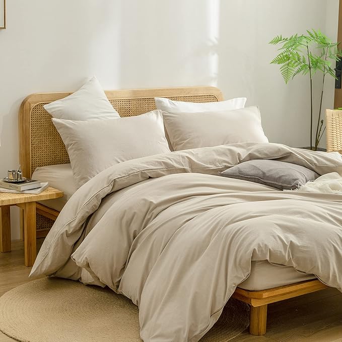 BESTOUCH Duvet Cover Set 100% Washed Cotton Linen Feel Super Soft Comfortable Chic Lightweight 3 PCs Home Bedding Set Solid Almond Milk Grey Oversized Queen