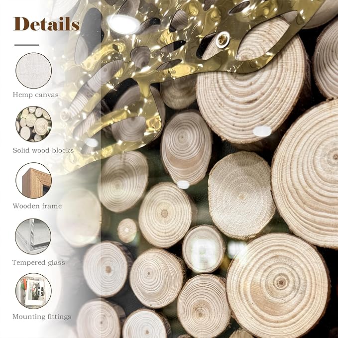 BrightA 3D Textured Wood Block Wall Art - Hand-Assembled Timber Base with Golden Vine Metal Accents, Tempered Glass & Solid Wood Frame Contemporary Decorfor Living Room Office 31.5"x31.5"