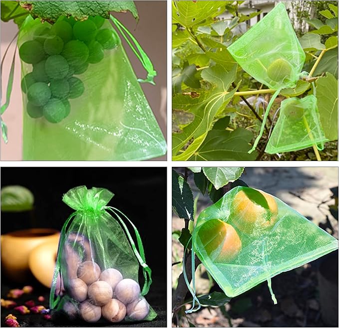6x8 Inch 100 Pieces Green Fruit Protection Bags- Fruit Netting Bags with Drawstring,Garden Fruit Cover Mesh Bag to Protect Plants from Pest Birds Squirrels