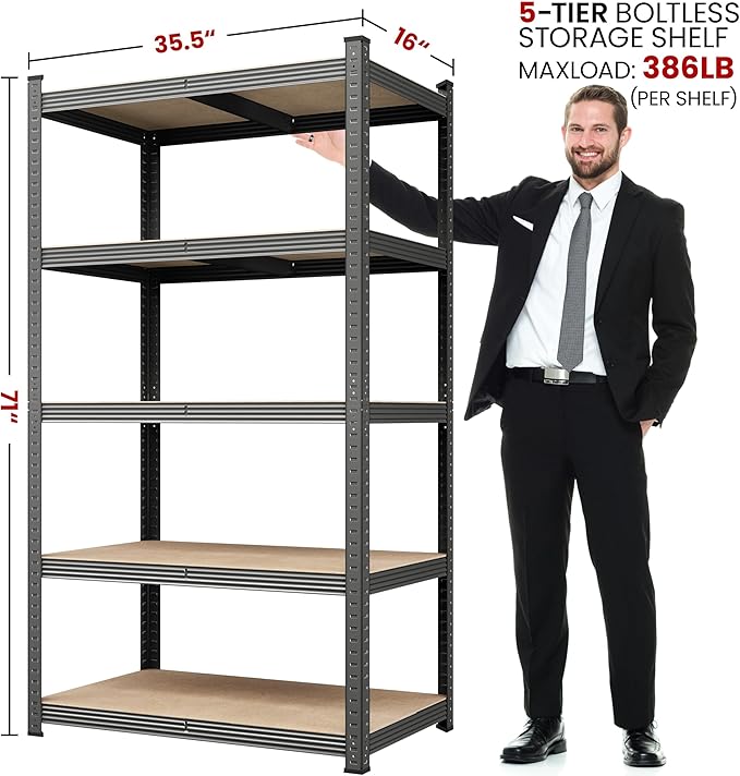 Yaheetech Standing Shelf Units, 5 Tier Storage Shelf, Heavy Duty Shelving, Adjustable Garage Shelves, Utility Rack Shelf Unit, Basement Warehouse Shed, 35.5″L × 16″W × 71" H - Dark Gray