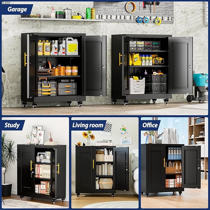 Metal Storage Cabinet-35” Tall Steel File Cabinets with Lockable Doors and Adjustable Shelves, Steel Tool Cabinet with Wheel for Home, School, Office, Garage Black