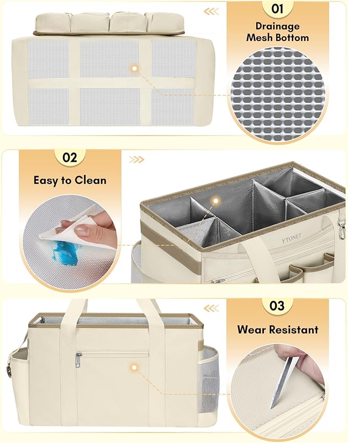 Ytonet Cleaning Caddy Bag with Detachable Apron, Extra Large Cleaning Supplies Organizer with Foldable Dividers, Portable Cleaner Tote with Handle, Cleaner Caddy for Kitchen, Detailing Bag, Apricot
