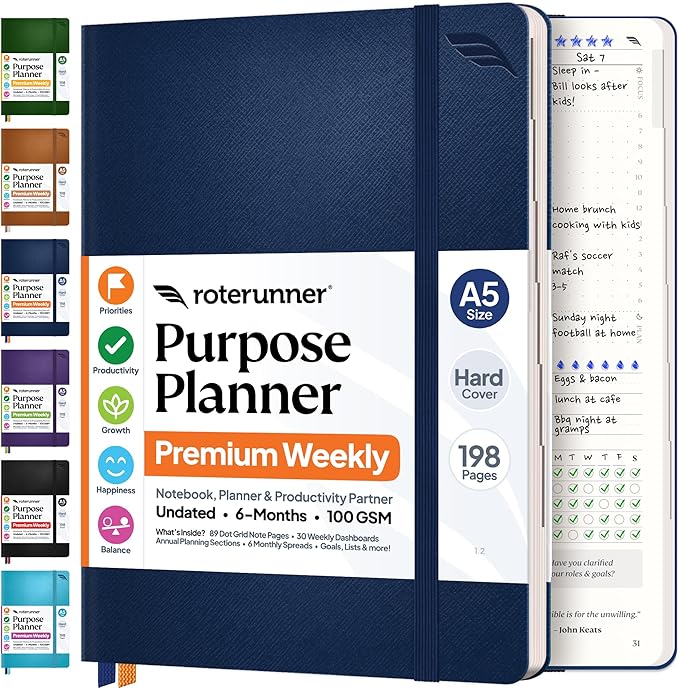 Purpose Planner Notebook A5 5.8”x8.3” Undated 2026 Daily Weekly and Monthly Productivity Goal Setting Tool for Work Home ADHD Planner for Adults Self Care Journal (Navy Hardcover)