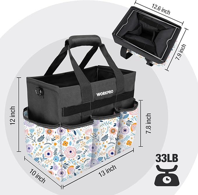 WORKPRO Garden Tool Bag Organizer, Heavy Duty Gardening Tote Bag with 10 Pockets and Long Adjustable Shoulder Strap, Standable Garden Home Tool Kits Organizer, Floral White (Tools are not Included)