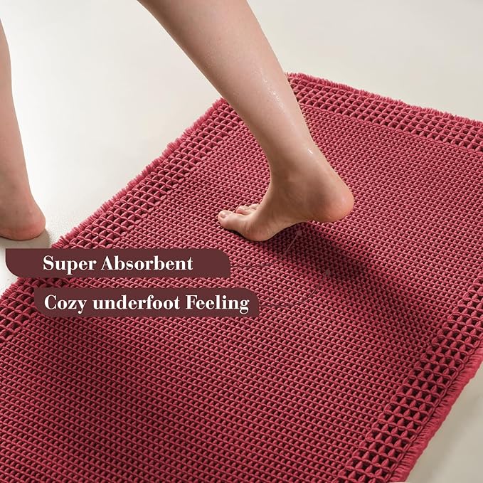 RESARE Waffle Bath Mat for Bathroom, Super Absorbent Bathroom Rugs Non Slip Machine Washable, Ultra Soft Quick Dry Boho Bath Rugs with Tassels for Floor, Upgraded Bordered Design, 18"x30" Red