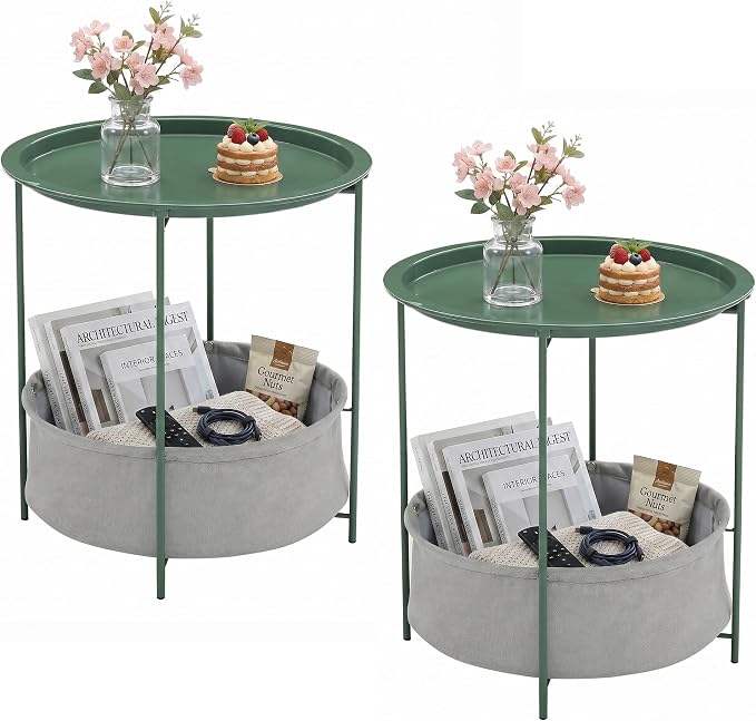 VECELO Round Side/End Table with Fabric Storage Basket，Metal Anti-Rust and Waterproof Small Bedside Nightstand with Removable Tray Top for Living Room，Balcony & Laundry，Dark Green /2pcs with Basket