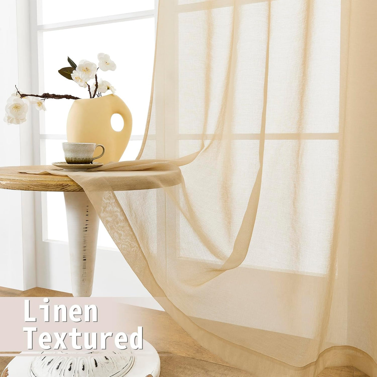 Tollpiz Short Sheer Door Curtains Closet Linen Textured Curtains Sheer Doorway Light Filtering Voile Patio Glass Door Rod Pocket Curtain French Door, 54 x 40 inches Long, Beige, Set of 1 Panel