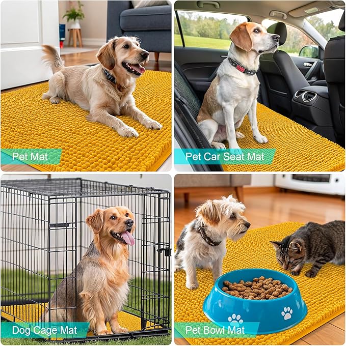 OLANLY Dog Door Mat for Muddy Paws 36x24, Absorbs Moisture and Dirt, Absorbent Non-Slip Washable Doormat, Quick Dry Chenille Mud Mat, Entry Indoor Entryway Carpet for Inside Floor, Golden Yellow