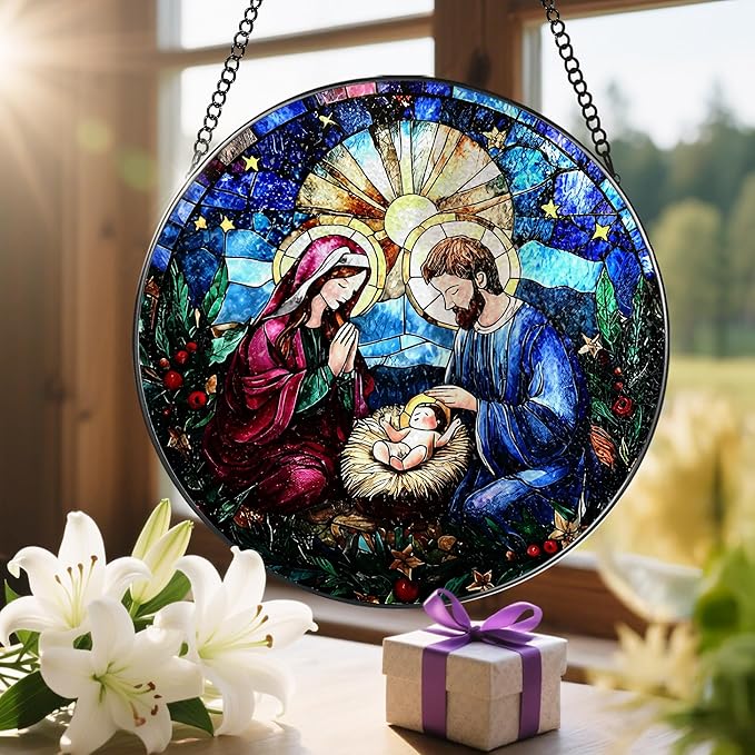 8-Inch Nativity Scene Stained Glass Suncatcher Ornament, Stained Glass Window Hanging & Nativity Religious Ornament, Christian Home Decor — Gifts for Christmas, Christian Gift, Religious Gift