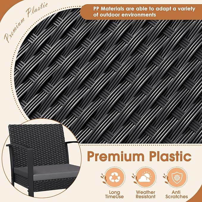 Homall Resin 3 Pieces Patio Furniture Set, Outdoor Bistro Set with Cushions and Glass Table, Conversation Set Rattan Chair for Porch, Balcony, Poolside, Garden (Grey)