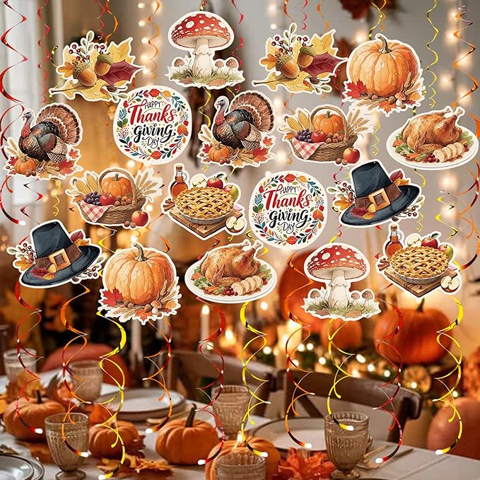 Thanksgiving Hanging Swirl Set Party Decorations, 48 Pcs, Autumn Theme Pumpkin Maple Leaf Turkey Party Supplies Sign,Orange Brown Red