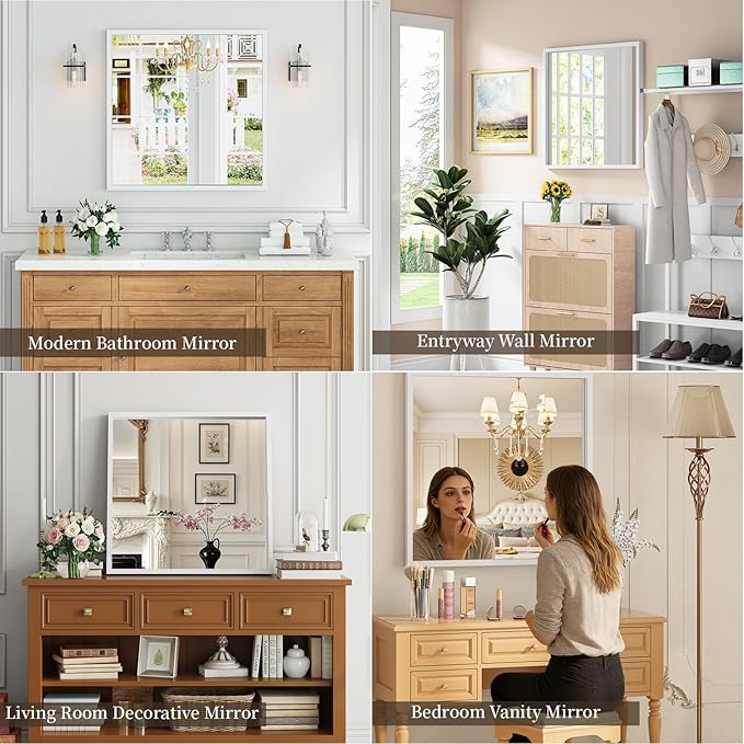 Syndra Square White Wood Frame Bathroom Mirror, Waterproof Slim Deep Frame