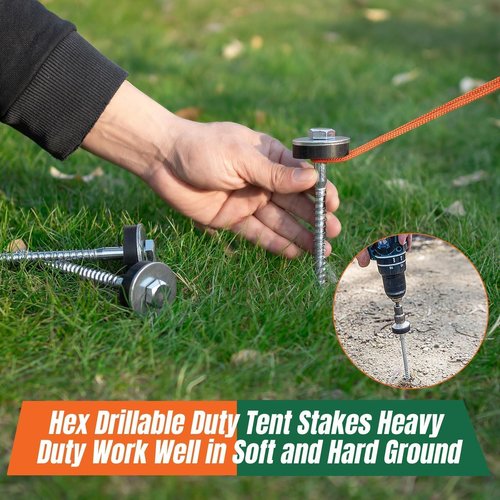 6 Pcs 6.2" Hex Pegs Drillable Threaded Tent Pegs Or Tent Stakes, Screw in Tent Pegs Stakes for Garden Canopies Grassland Canopies Awnings Camping Travel (Hex Tool and Storage Bag)