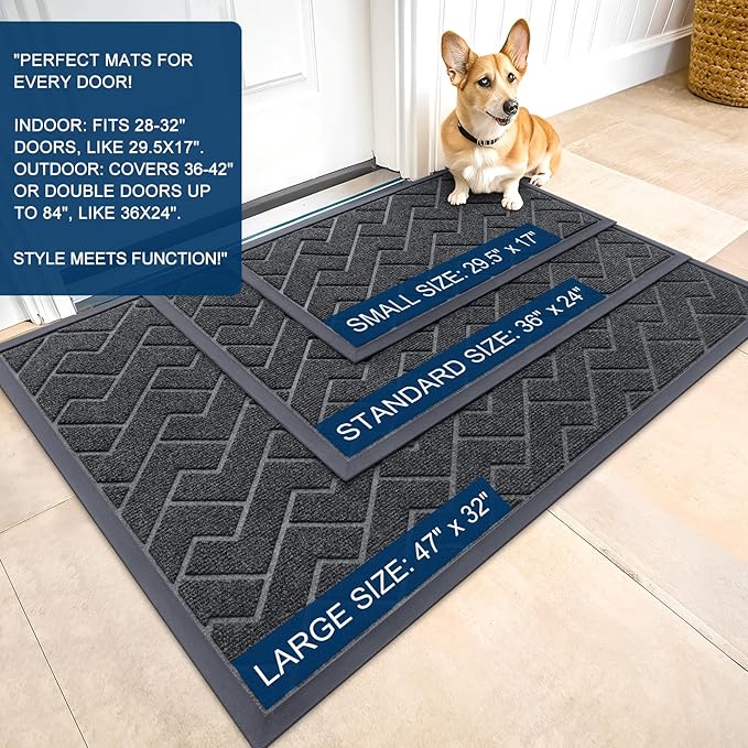 OLANLY Front Door Mat Indoor Outdoor Entrance, Waterproof All-Season, All-Weather Doormat, Sturdy Natural Rubber, Low Profile, Easy Clean Patio Porch Entryway Mat, Herringbone Brick (Grey, 71x23)