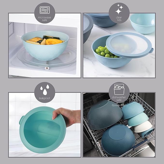 COOK WITH COLOR Mixing Bowls with Lids - 12 Piece Plastic Nesting Bowls Set includes 6 Prep Bowls and 6 Lids, Rhombus Design - Microwave Safe (Blue)