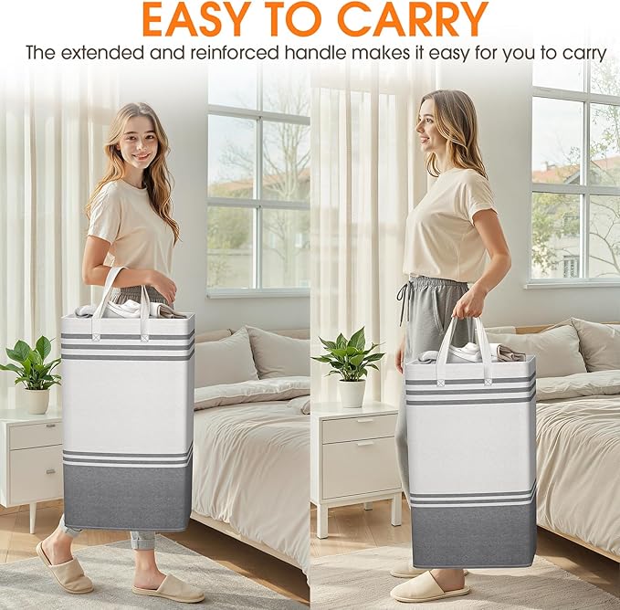 2 Pack Large Home Laundry Basket, Laundry Hamper, Freestanding Waterproof Dirty Clothes Bag, Tall Clothes Hamper - Extended & Reinforced Handles for College Dorm, Family (Light Grey/88L)