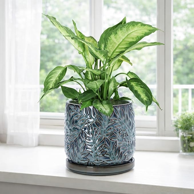 D'vine Dev 6 Inch Embossed Leaves Stoneware Planter Pot with Drainage Hole and Saucer, Ocean Teal, 27-A-X-8