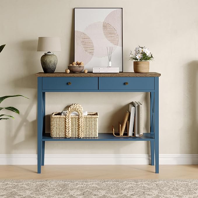 ChooChoo Console Table with Drawers, Narrow Wood Accent Sofa Table Entryway Table with Storage Shelf for Entryway, Front Hall, Hallway, Living Room, Blue