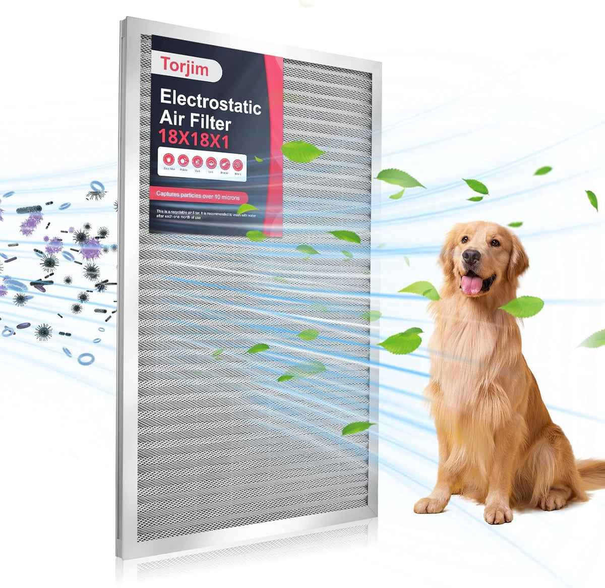 Torjim 18x18x1 MERV8 Washable Reusable Electrostatic Air Filter, AC/HVAC Furnace Filter, Permanent Filter, Breathe Fresher, Easy Install
