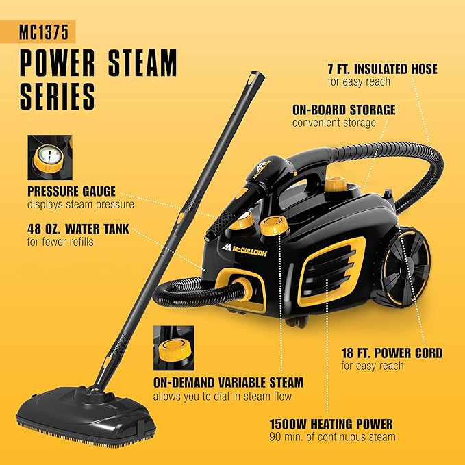 McCulloch Canister Steam Cleaner MC1375, 90 Minute Runtime, 20 Accessories, Jet Nozzle, Brushes, & More - Steam Cleaner for Home, Tile, Carpet, Furniture, & Personal Car Detailing