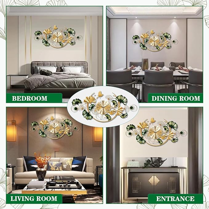 Big Wall Clock, Unique Ginkgo Leaf Decorative Wall Clocks, Luxury Metal Gold
